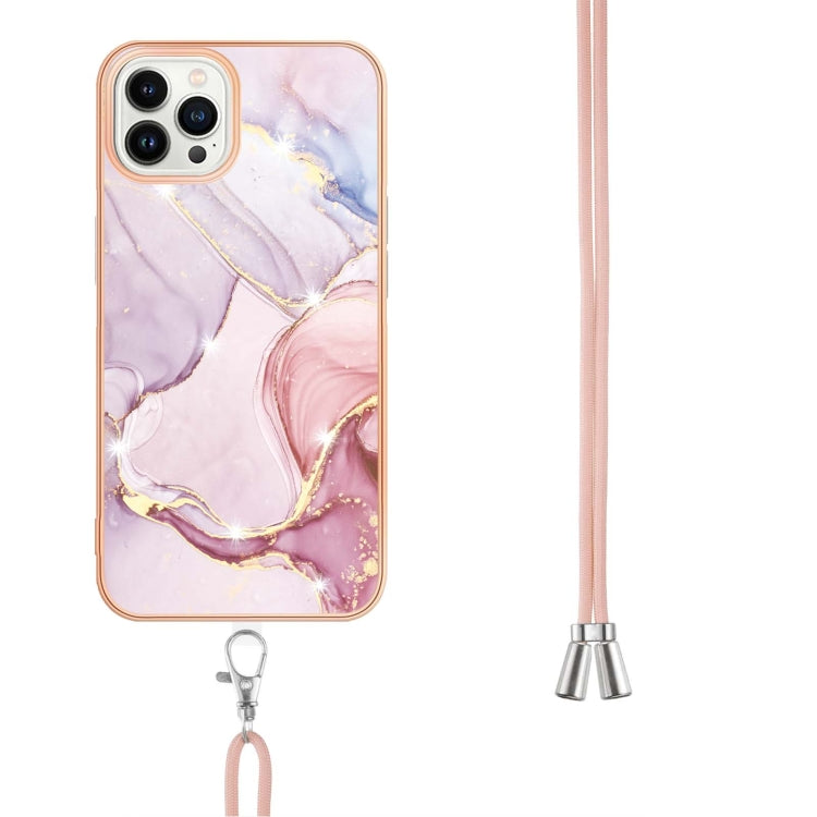 For iPhone 15 Pro Electroplating Marble Pattern IMD TPU Shockproof Case with Neck Lanyard(Rose Gold 005) - HoMEdemic™ 
