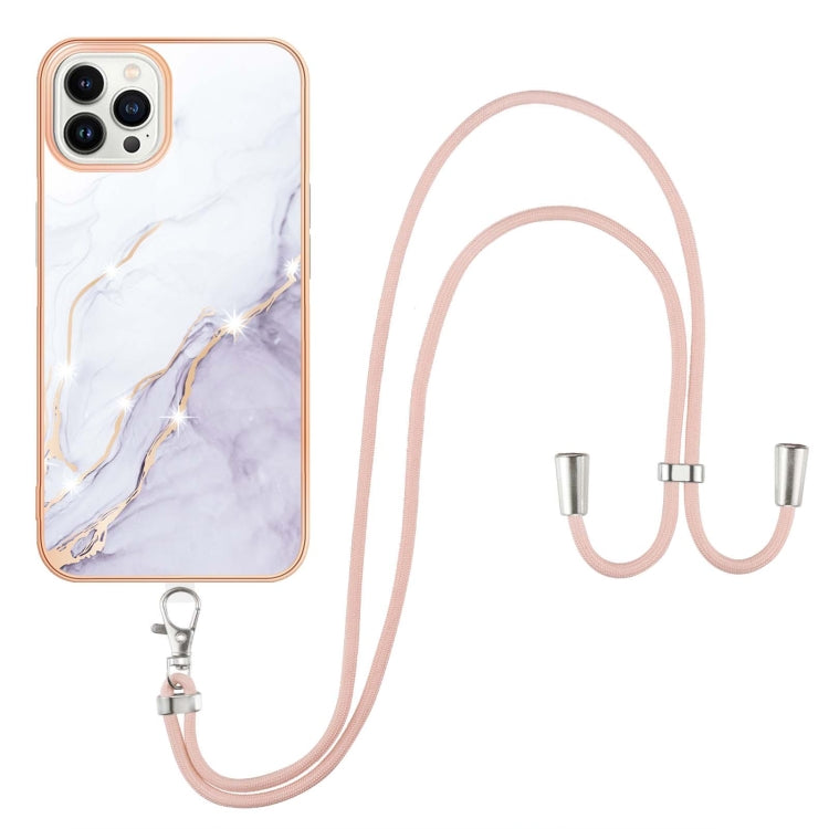 For iPhone 15 Pro Electroplating Marble Pattern IMD TPU Shockproof Case with Neck Lanyard(White 006) - HoMEdemic™ 