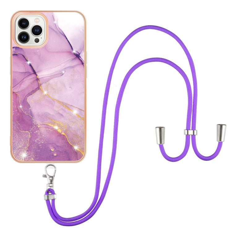 For iPhone 15 Pro Max Electroplating Marble Pattern IMD TPU Shockproof Case with Neck Lanyard(Purple 001) - HoMEdemic™ 