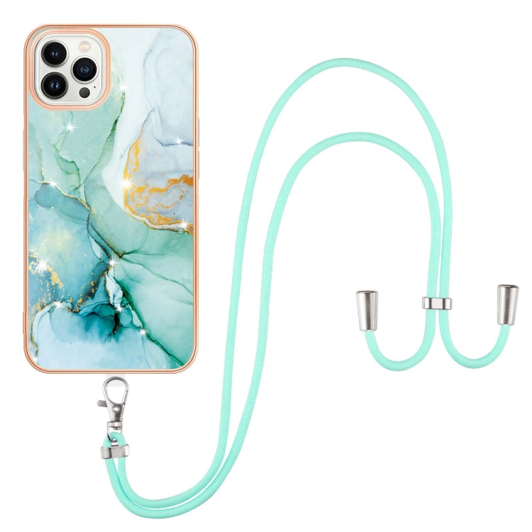 For iPhone 15 Pro Max Electroplating Marble Pattern IMD TPU Shockproof Case with Neck Lanyard(Green 003) - HoMEdemic™ 