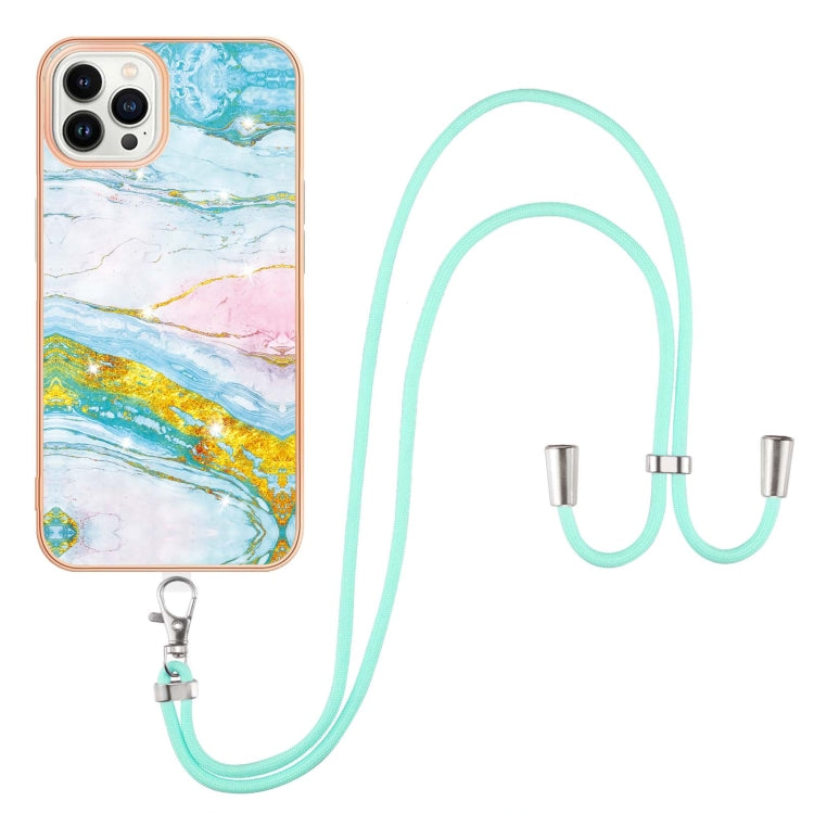 For iPhone 15 Pro Max Electroplating Marble Pattern IMD TPU Shockproof Case with Neck Lanyard(Green 004) - HoMEdemic™ 