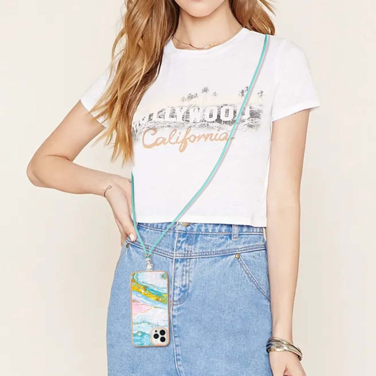 For iPhone 15 Pro Max Electroplating Marble Pattern IMD TPU Shockproof Case with Neck Lanyard(Green 004) - HoMEdemic™ 