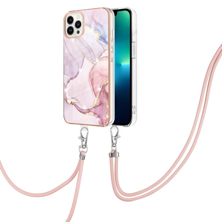 For iPhone 15 Pro Max Electroplating Marble Pattern IMD TPU Shockproof Case with Neck Lanyard(Rose Gold 005) - HoMEdemic™ 