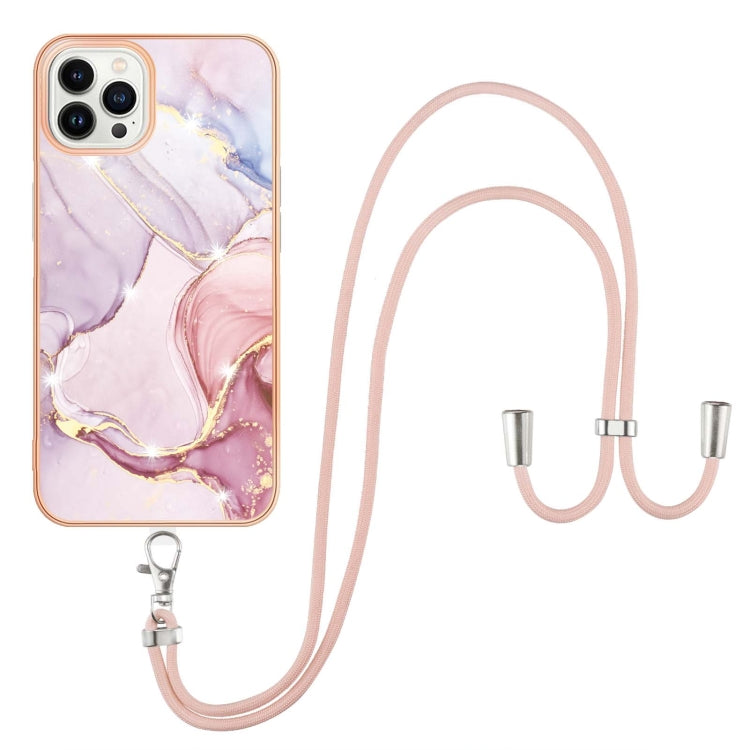 For iPhone 15 Pro Max Electroplating Marble Pattern IMD TPU Shockproof Case with Neck Lanyard(Rose Gold 005) - HoMEdemic™ 