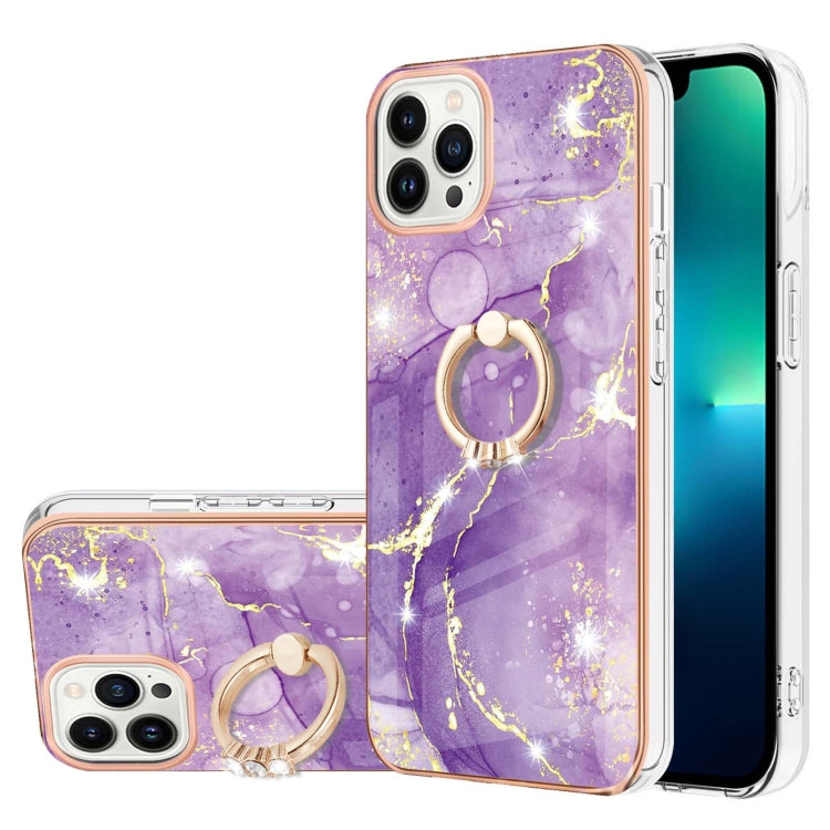 For iPhone 15 Pro Max Electroplating Marble Pattern IMD TPU Shockproof Case with Ring Holder(Purple 002) - HoMEdemic™ 