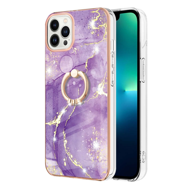 For iPhone 15 Pro Max Electroplating Marble Pattern IMD TPU Shockproof Case with Ring Holder(Purple 002) - HoMEdemic™ 