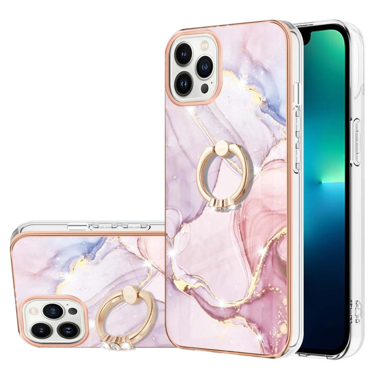 For iPhone 15 Pro Max Electroplating Marble Pattern IMD TPU Shockproof Case with Ring Holder(Rose Gold 005) - HoMEdemic™ 