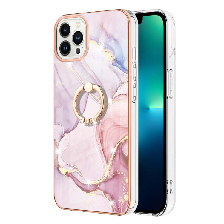 For iPhone 15 Pro Max Electroplating Marble Pattern IMD TPU Shockproof Case with Ring Holder(Rose Gold 005) - HoMEdemic™ 