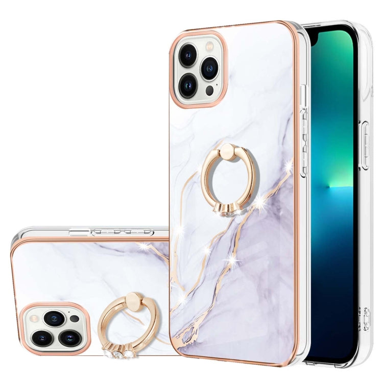 For iPhone 15 Pro Max Electroplating Marble Pattern IMD TPU Shockproof Case with Ring Holder(White 006) - HoMEdemic™ 