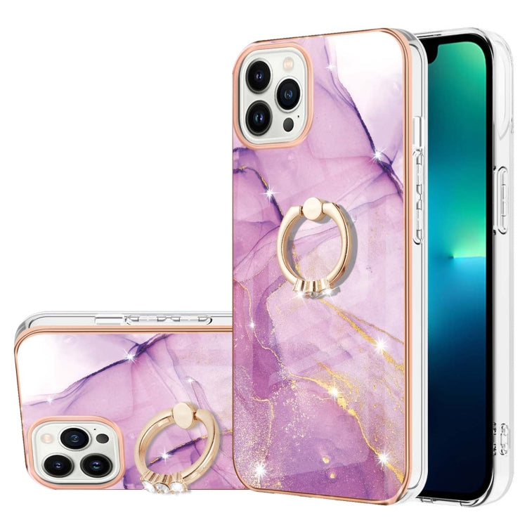 For iPhone 15 Pro Electroplating Marble Pattern IMD TPU Shockproof Case with Ring Holder(Purple 001) - HoMEdemic™ 