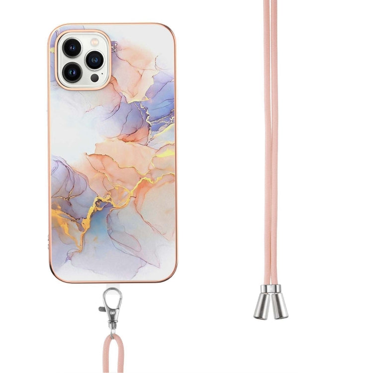 For iPhone 15 Pro Electroplating Pattern IMD TPU Shockproof Case with Neck Lanyard(Milky Way White Marble) - HoMEdemic™ 