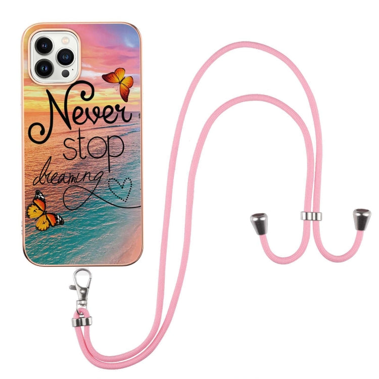 For iPhone 15 Pro Electroplating Pattern IMD TPU Shockproof Case with Neck Lanyard(Dream Chasing Butterfly) - HoMEdemic™ 