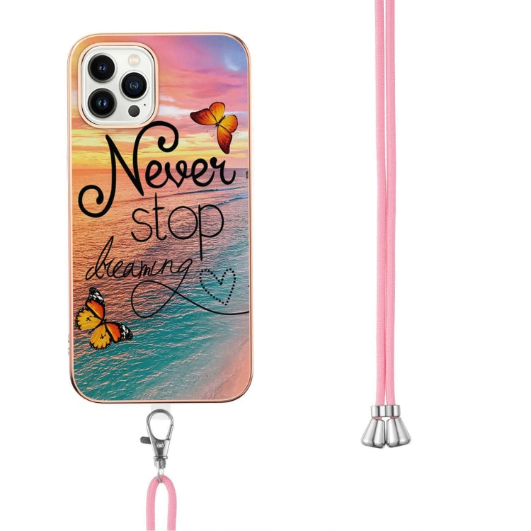 For iPhone 15 Pro Electroplating Pattern IMD TPU Shockproof Case with Neck Lanyard(Dream Chasing Butterfly) - HoMEdemic™ 