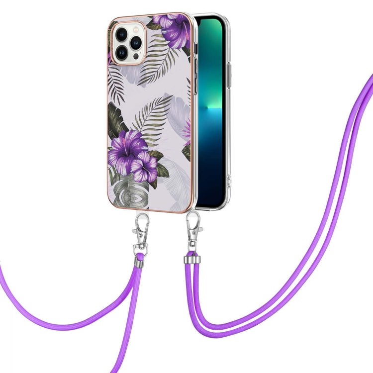 For iPhone 15 Pro Electroplating Pattern IMD TPU Shockproof Case with Neck Lanyard(Purple Flower) - HoMEdemic™ 