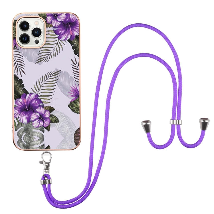 For iPhone 15 Pro Electroplating Pattern IMD TPU Shockproof Case with Neck Lanyard(Purple Flower) - HoMEdemic™ 