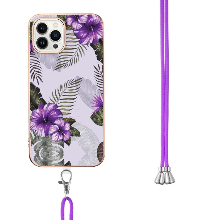 For iPhone 15 Pro Electroplating Pattern IMD TPU Shockproof Case with Neck Lanyard(Purple Flower) - HoMEdemic™ 