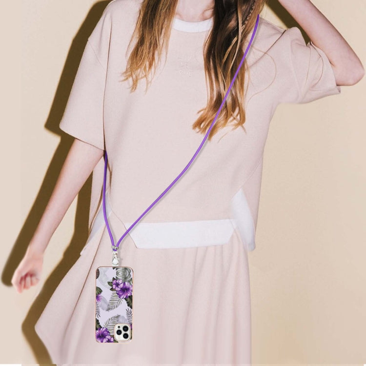 For iPhone 15 Pro Electroplating Pattern IMD TPU Shockproof Case with Neck Lanyard(Purple Flower) - HoMEdemic™ 