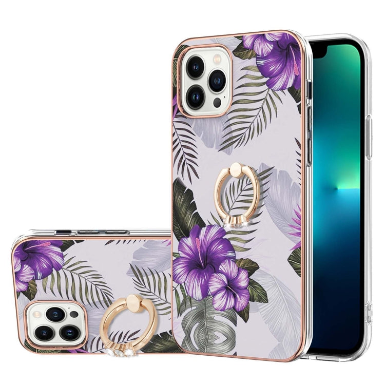 For iPhone 15 Pro Electroplating Pattern IMD TPU Shockproof Case with Rhinestone Ring Holder(Purple Flower) - HoMEdemic™ 