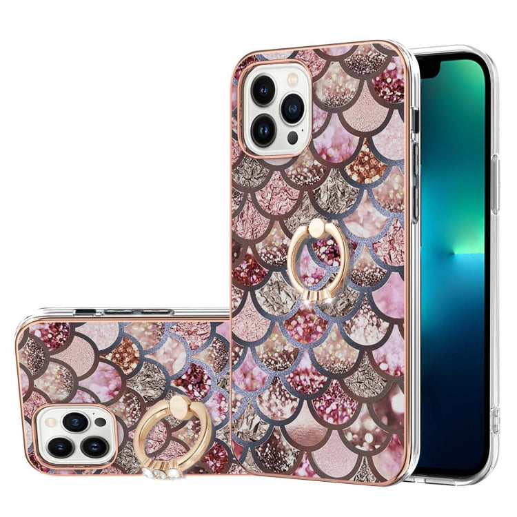 For iPhone 15 Pro Max Electroplating Pattern IMD TPU Shockproof Case with Rhinestone Ring Holder(Pink Scales) - HoMEdemic™ 