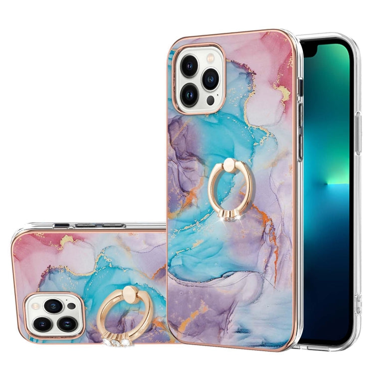 For iPhone 15 Pro Max Electroplating Pattern IMD TPU Shockproof Case with Rhinestone Ring Holder(Milky Way Blue Marble) - HoMEdemic™ 