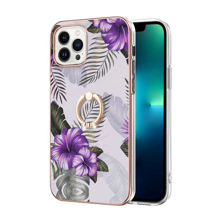 For iPhone 15 Pro Max Electroplating Pattern IMD TPU Shockproof Case with Rhinestone Ring Holder(Purple Flower) - HoMEdemic™ 