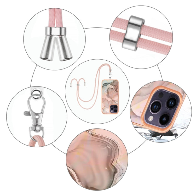 For iPhone 15 Pro Max Electroplating Marble Dual-side IMD Phone Case with Lanyard(Rose Gold 015) - HoMEdemic™ 