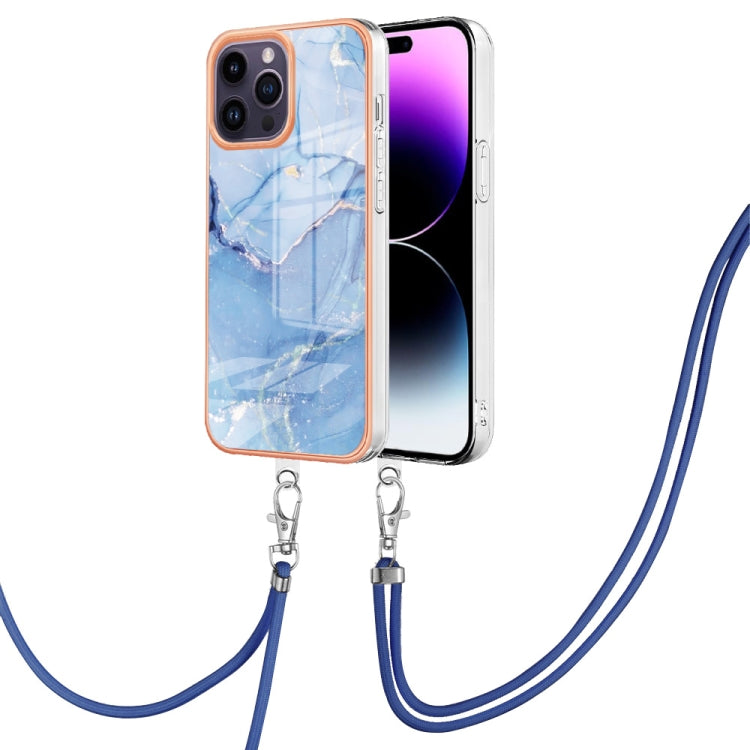 For iPhone 15 Pro Max Electroplating Marble Dual-side IMD Phone Case with Lanyard(Blue 018) - HoMEdemic™ 