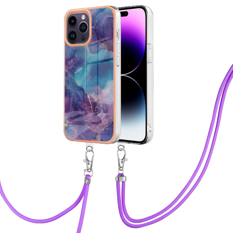 For iPhone 15 Pro Max Electroplating Marble Dual-side IMD Phone Case with Lanyard(Purple 016) - HoMEdemic™ 