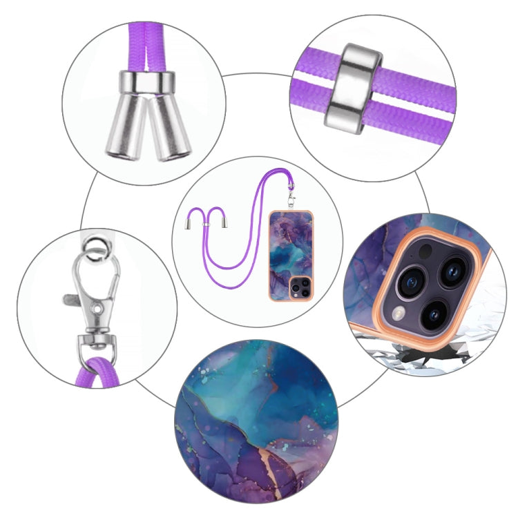 For iPhone 15 Pro Max Electroplating Marble Dual-side IMD Phone Case with Lanyard(Purple 016) - HoMEdemic™ 