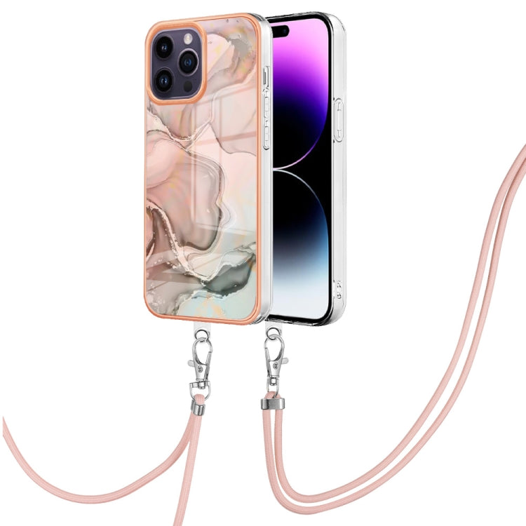 For iPhone 15 Pro Electroplating Marble Dual-side IMD Phone Case with Lanyard(Rose Gold 015) - HoMEdemic™ 