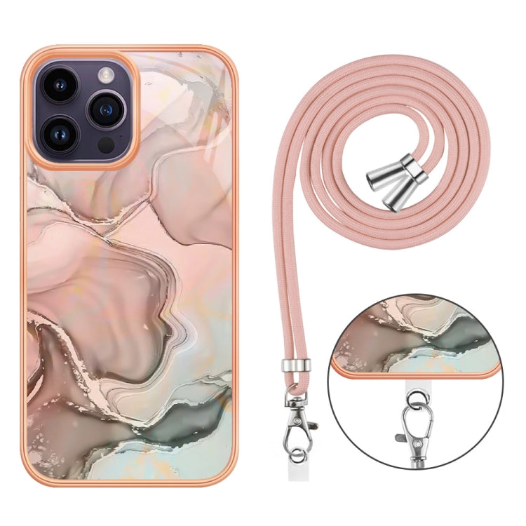 For iPhone 15 Pro Electroplating Marble Dual-side IMD Phone Case with Lanyard(Rose Gold 015) - HoMEdemic™ 