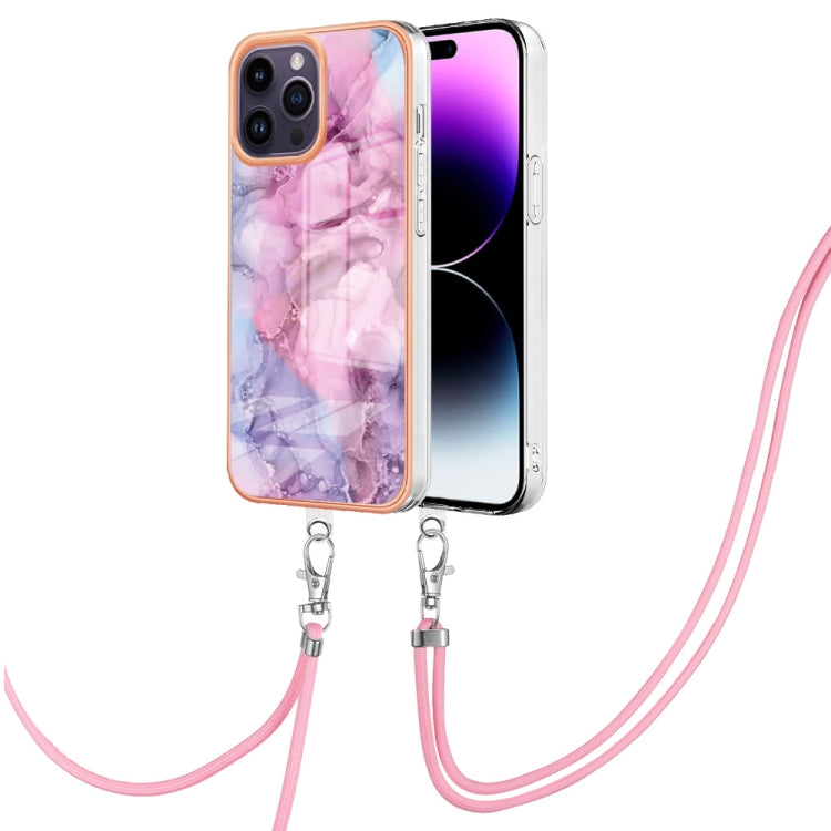 For iPhone 15 Pro Electroplating Marble Dual-side IMD Phone Case with Lanyard(Pink 013) - HoMEdemic™ 