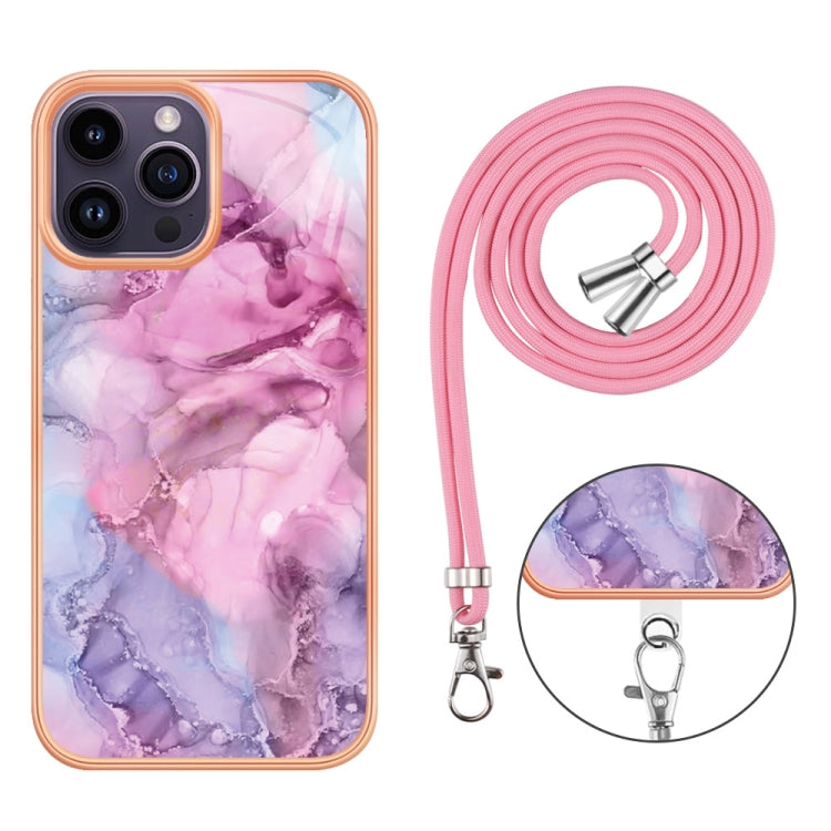 For iPhone 15 Pro Electroplating Marble Dual-side IMD Phone Case with Lanyard(Pink 013) - HoMEdemic™ 