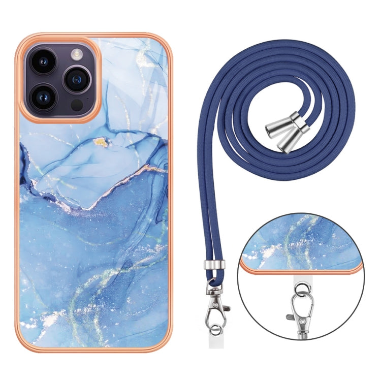 For iPhone 15 Pro Electroplating Marble Dual-side IMD Phone Case with Lanyard(Blue 018) - HoMEdemic™ 