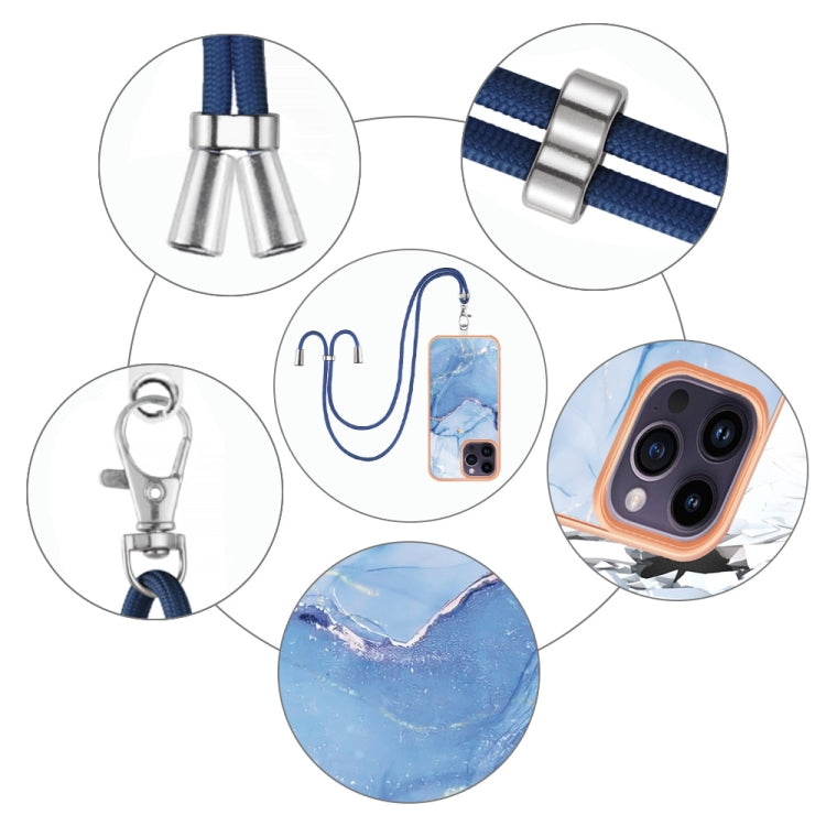 For iPhone 15 Pro Electroplating Marble Dual-side IMD Phone Case with Lanyard(Blue 018) - HoMEdemic™ 