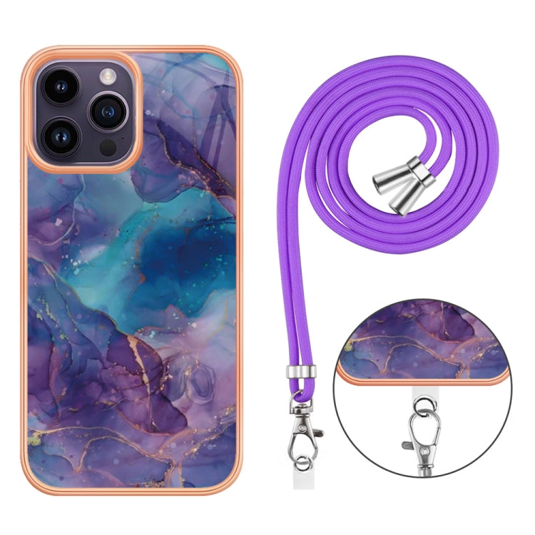 For iPhone 15 Pro Electroplating Marble Dual-side IMD Phone Case with Lanyard(Purple 016) - HoMEdemic™ 
