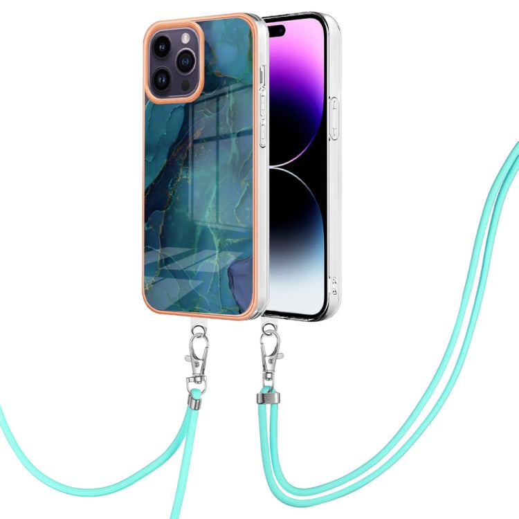 For iPhone 15 Pro Electroplating Marble Dual-side IMD Phone Case with Lanyard(Green 017) - HoMEdemic™ 