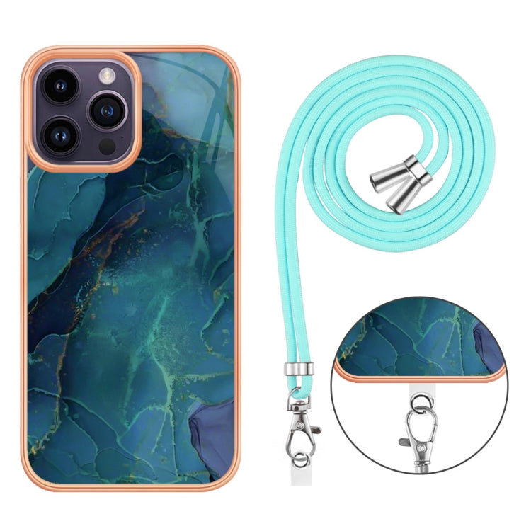 For iPhone 15 Pro Electroplating Marble Dual-side IMD Phone Case with Lanyard(Green 017) - HoMEdemic™ 
