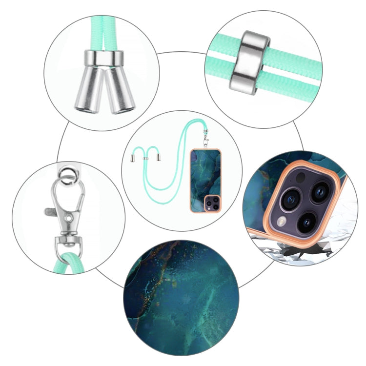 For iPhone 15 Pro Electroplating Marble Dual-side IMD Phone Case with Lanyard(Green 017) - HoMEdemic™ 
