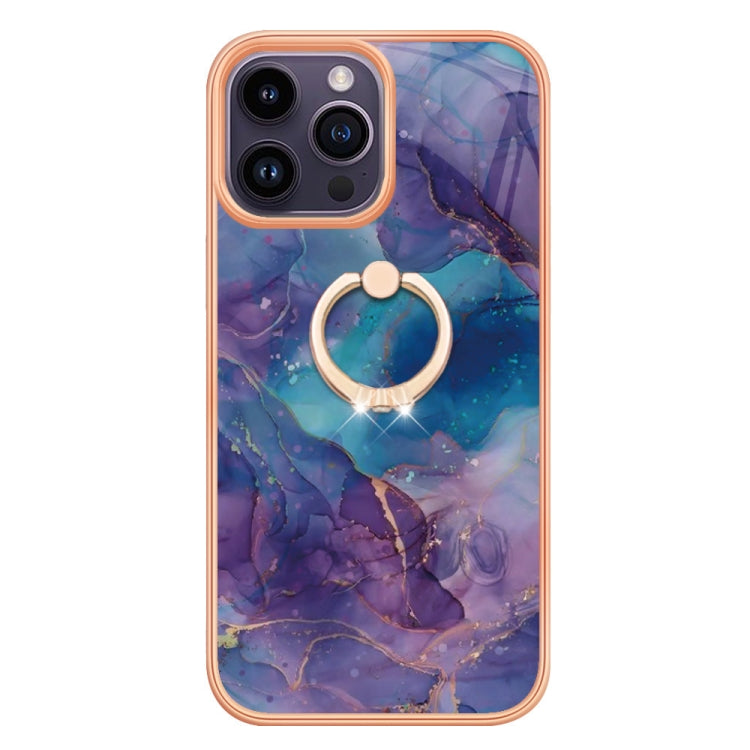 For iPhone 15 Pro Max Electroplating Marble Dual-side IMD Phone Case with Ring(Purple 016) - HoMEdemic™ 