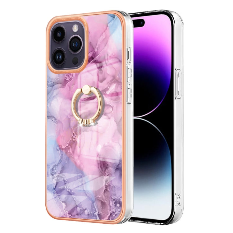 For iPhone 15 Pro Max Electroplating Marble Dual-side IMD Phone Case with Ring(Pink 013) - HoMEdemic™ 