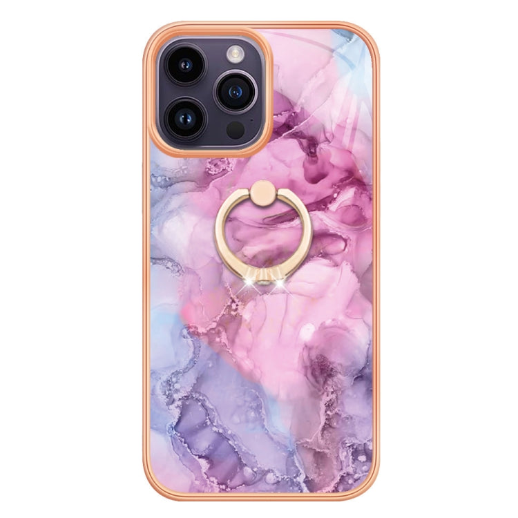 For iPhone 15 Pro Max Electroplating Marble Dual-side IMD Phone Case with Ring(Pink 013) - HoMEdemic™ 