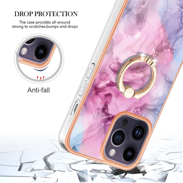 For iPhone 15 Pro Max Electroplating Marble Dual-side IMD Phone Case with Ring(Pink 013) - HoMEdemic™ 