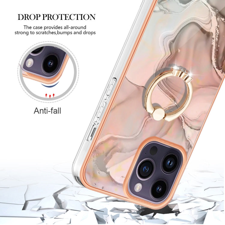 For iPhone 15 Pro Max Electroplating Marble Dual-side IMD Phone Case with Ring(Rose Gold 015) - HoMEdemic™ 