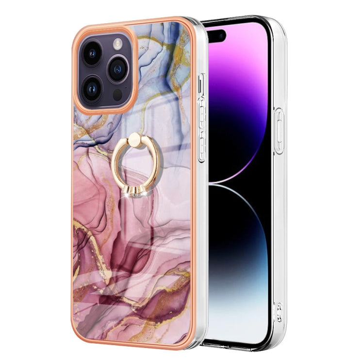 For iPhone 15 Pro Max Electroplating Marble Dual-side IMD Phone Case with Ring(Rose Red 014) - HoMEdemic™ 
