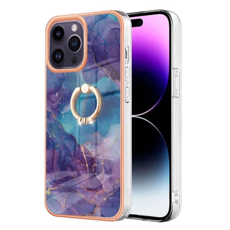 For iPhone 15 Pro Electroplating Marble Dual-side IMD Phone Case with Ring(Purple 016) - HoMEdemic™ 