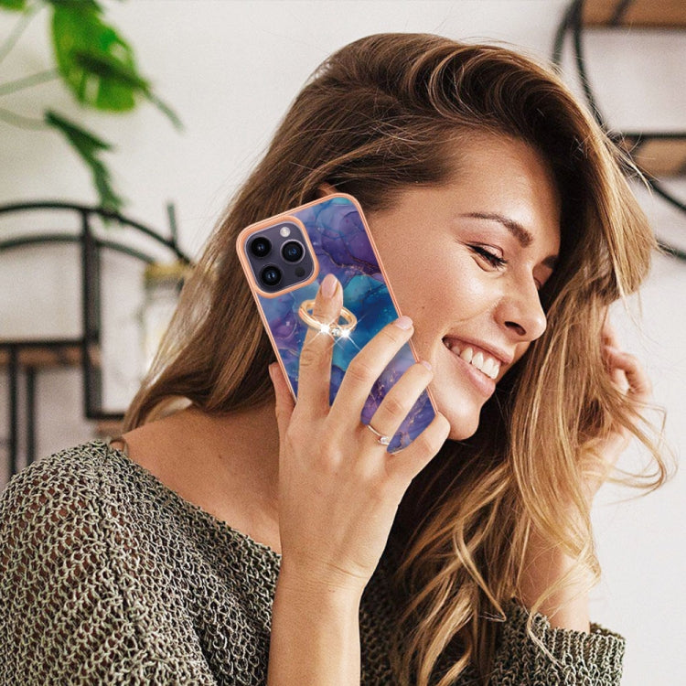 For iPhone 15 Pro Electroplating Marble Dual-side IMD Phone Case with Ring(Purple 016) - HoMEdemic™ 