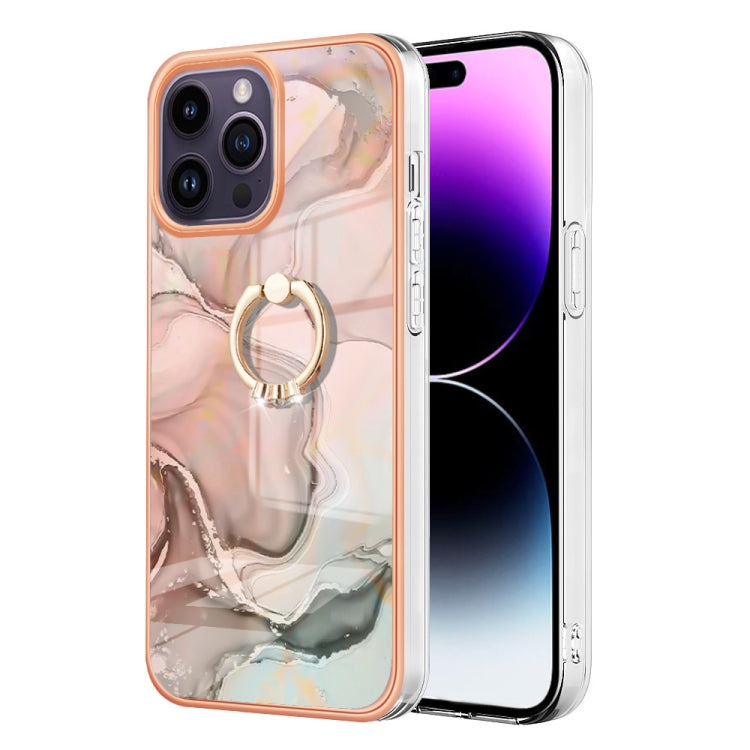 For iPhone 15 Pro Electroplating Marble Dual-side IMD Phone Case with Ring(Rose Gold 015) - HoMEdemic™ 