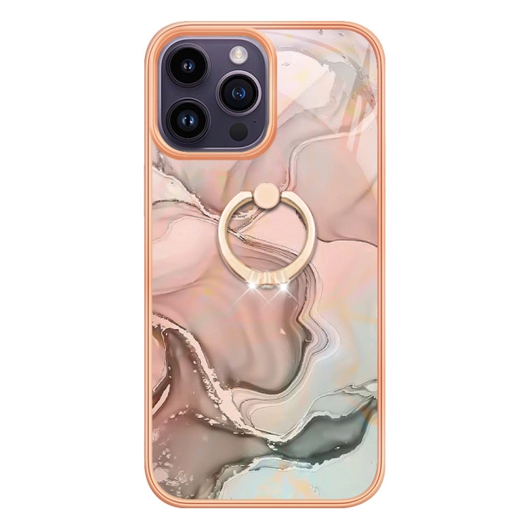 For iPhone 15 Pro Electroplating Marble Dual-side IMD Phone Case with Ring(Rose Gold 015) - HoMEdemic™ 