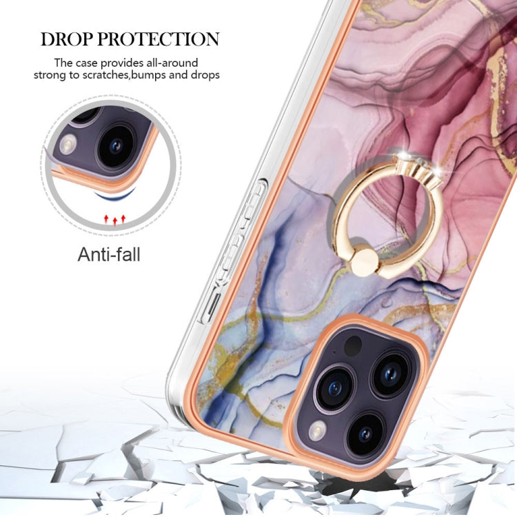 For iPhone 15 Pro Electroplating Marble Dual-side IMD Phone Case with Ring(Rose Red 014) - HoMEdemic™ 